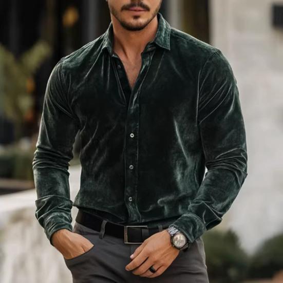 Мужская бархатная рубашка с длинными рукавами, на пуговицах, с отворотами, однотонная, повседневная, формальная, для вечеринок, свиданий, офиса.