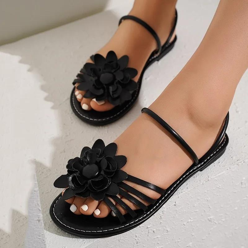 Обувь для женщин 2024 года, горячая распродажа, женские сандалии без застежек, летние однотонные цветы, открытый носок, на низком каблуке, большие размеры, пляжные сандалии для женщин