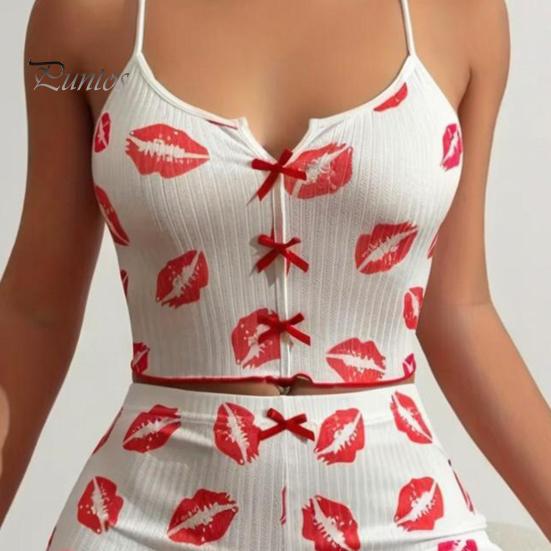 2 Pcs/Set Women Summer Pajamas Suit Butterfly Heart Printing Sleeveless Backless Cop Top High Waist Mini Shorts Daily Nightie Slim Fit Sleepwear