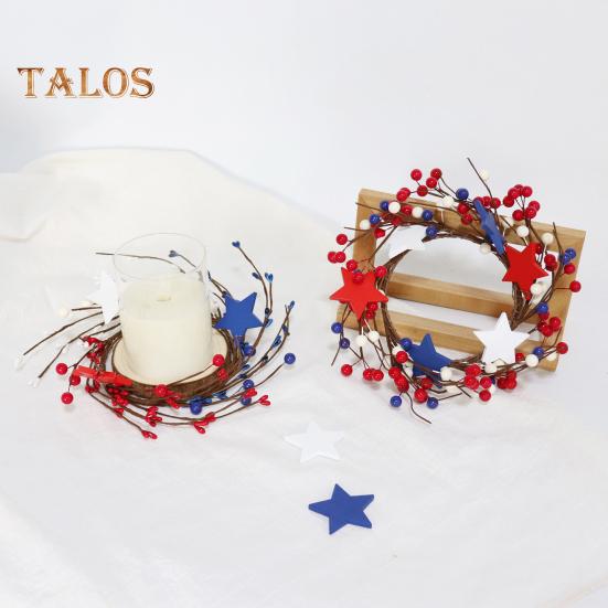 Patriotic Candle Ring Wreath Red White Blue Star Mixed Artificial Berry Candle Wreath Mini Pillar Candle Holder for 4th of July Tabletop Decor
