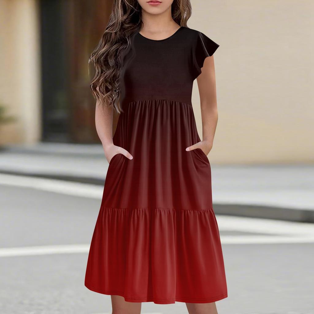 Детская юбка с круглым вырезом, плиссированная, с коротким рукавом, юбка принцессы, модное повседневное платье с карманами для девочек