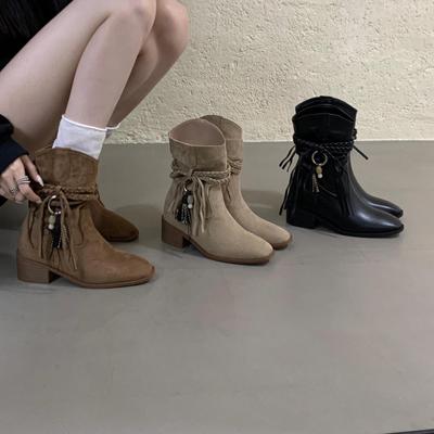 2025 осень и зима новые женские ботинки на толстом каблуке с кисточками, квадратный носок, внутренняя платформа, ковбойские ботинки в западном стиле, высокий каблук, рыцарские ботинки средней высоты