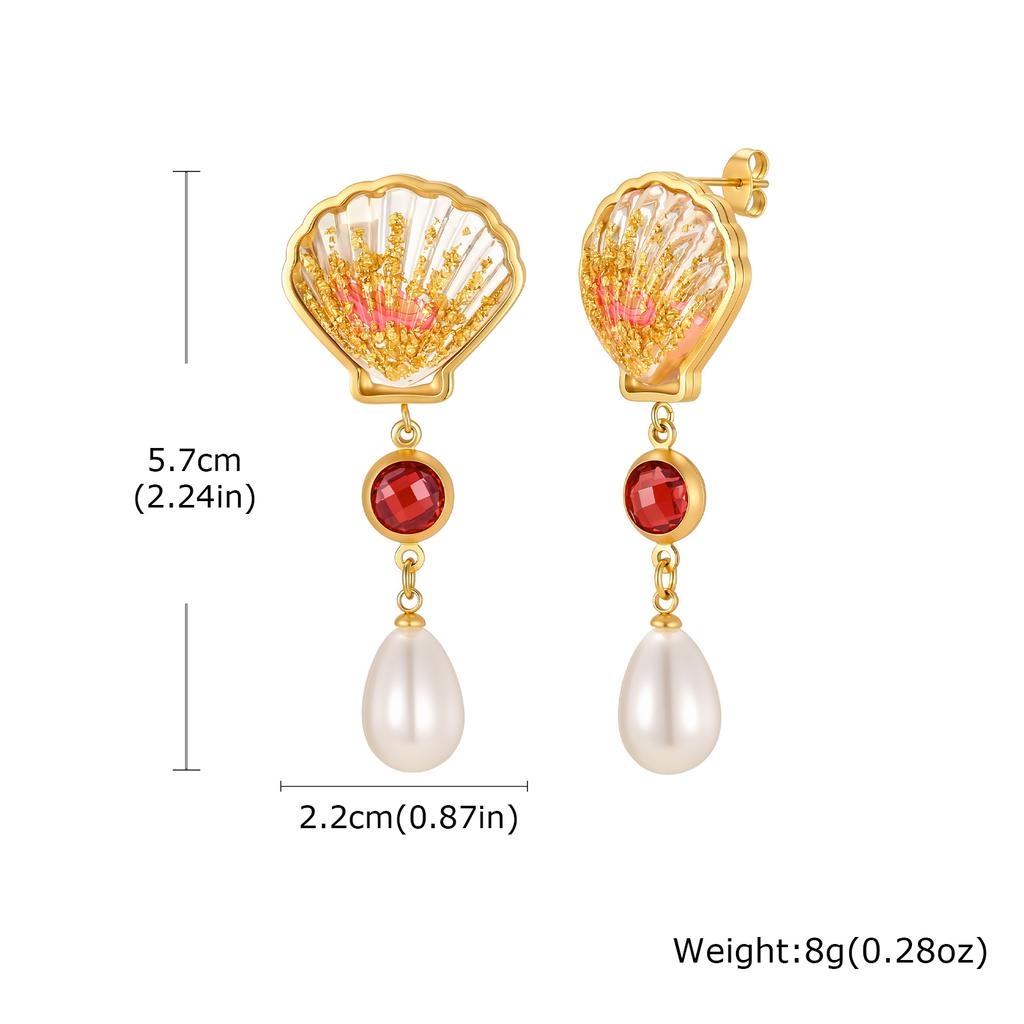Xiaomi Vnox Ocean Resin Shell Teardrop Imitation Pearl Dangle Earring for Women, Gold Plated Zircon Drop Earrings Boho Vacation Jewelry