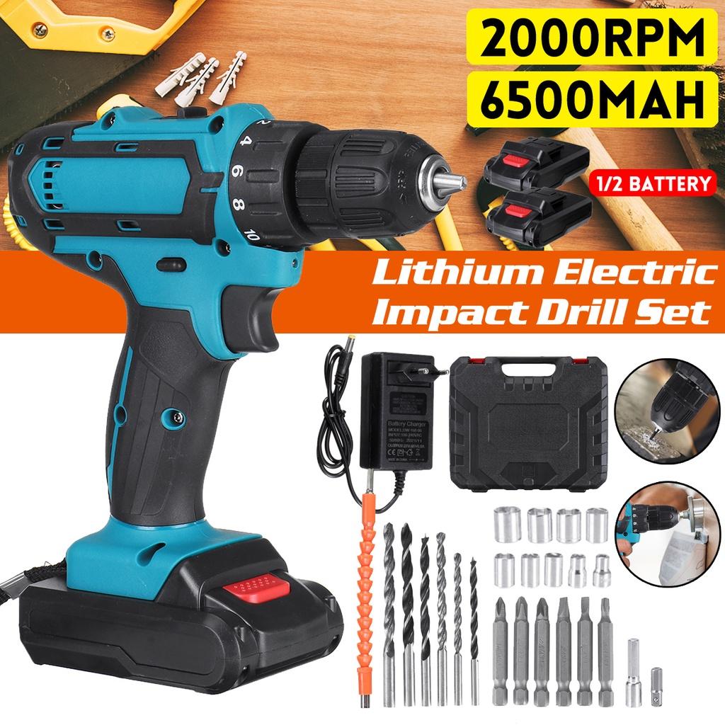 21V Cordless Electric Impact Drill Screwdriver 3 Functions Power Tools Lithium Battery Hand Drill with Box + Drill Bit Set