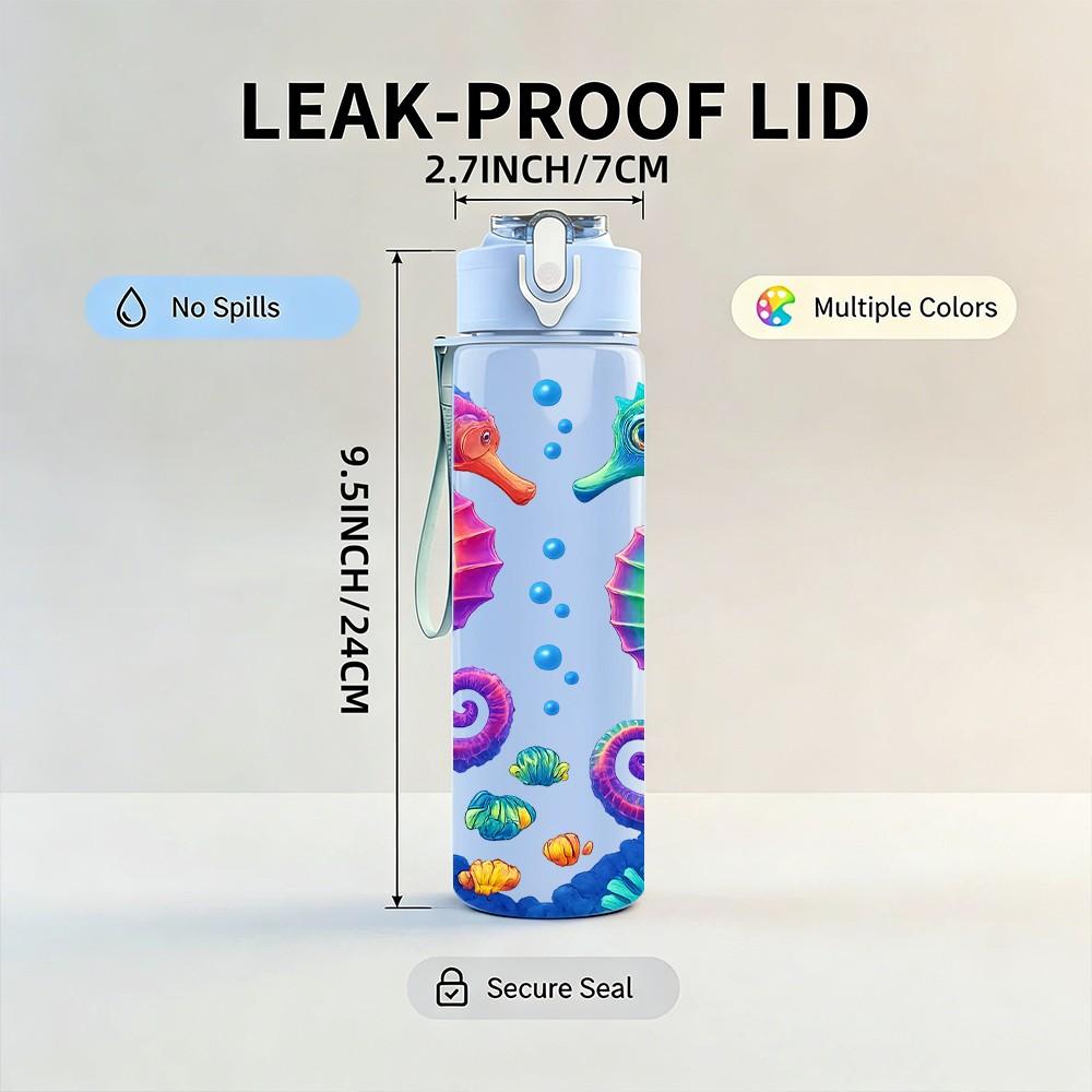 1PC Colorful Seahorse Ocean Pattern Print 750ml Color Plastic Sports Water Bottle Leakproof Flip Straw Lid Suitable for Sports Office Home Use