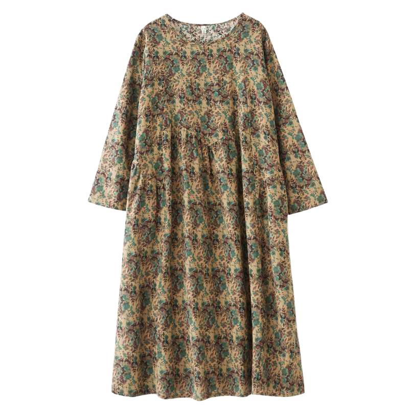 Spring and Summer New Vintage Cotton-Linen Round-neck Floral Pockets Long-Sleeved Dress for Women Loose Fit for Slimming - A-Line Skirt