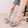 Мода 2024 Новые прозрачные тапочки для женщин Модные серебристые туфли с бантом и кристаллами на высоком каблуке Женские прозрачные мюли Шлепанцы Летние босоножки на каблуке