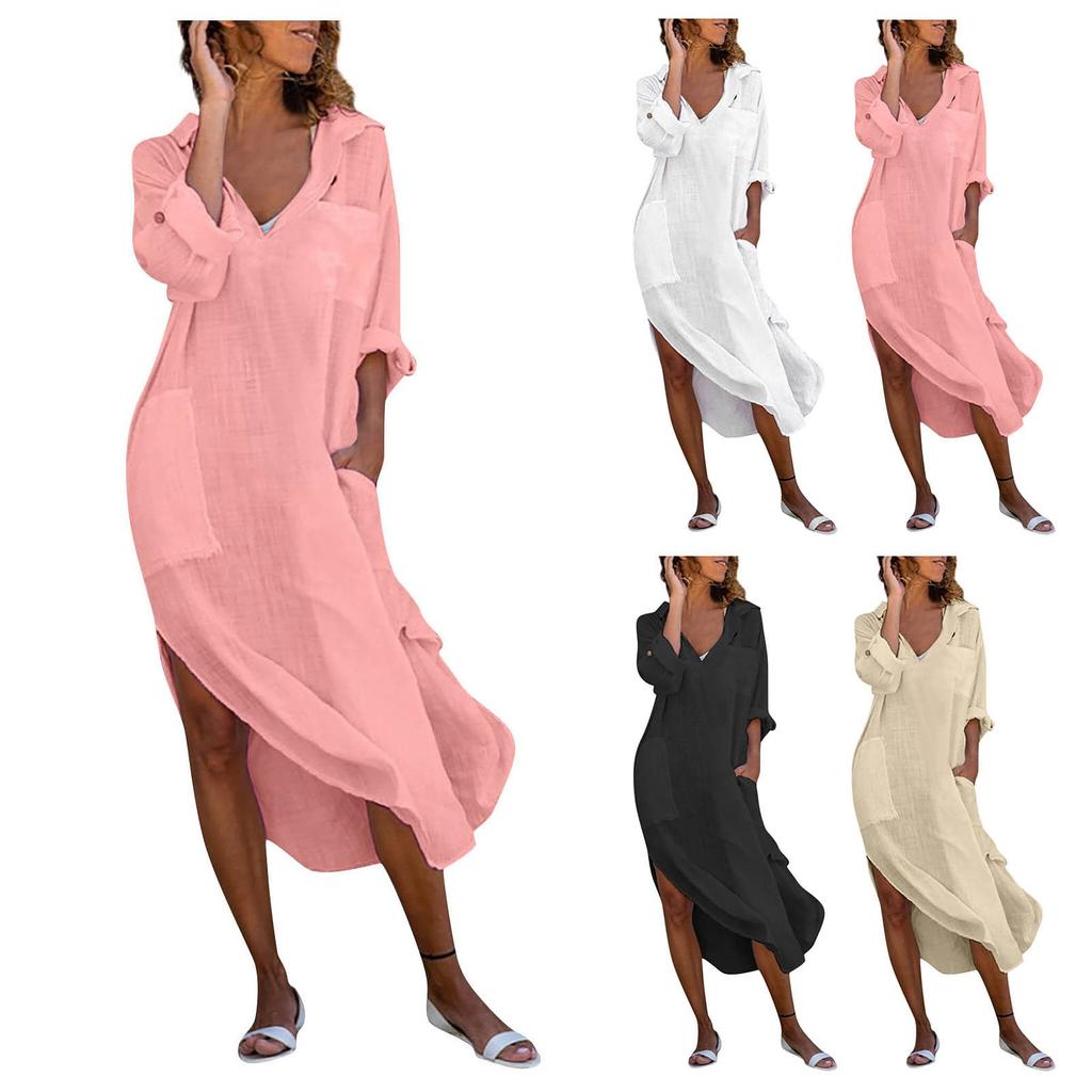 Women's Solid Color Button Slit Loose Breathable Casual Shirt Cotton Linen Dress