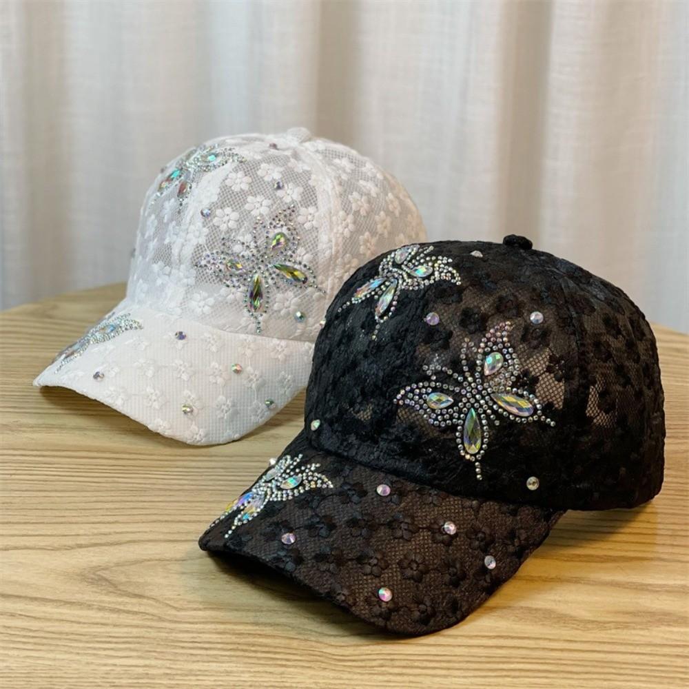 Butterfly Flower Baseball Cap Rhinestone Mesh Peaked Hat Breathable Visors Cap Women