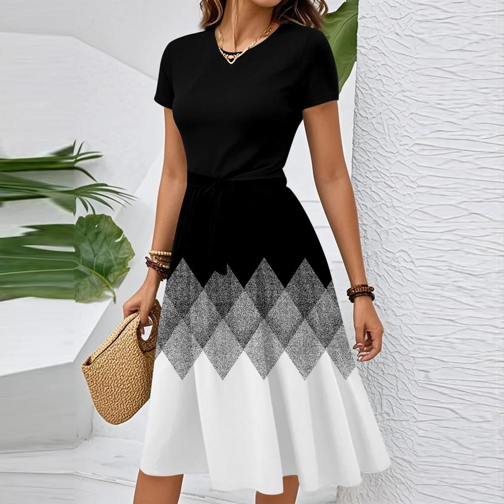 Women's Casual Fashion Belted Floral Print Short Sleeve Round Neck Elegant Dress