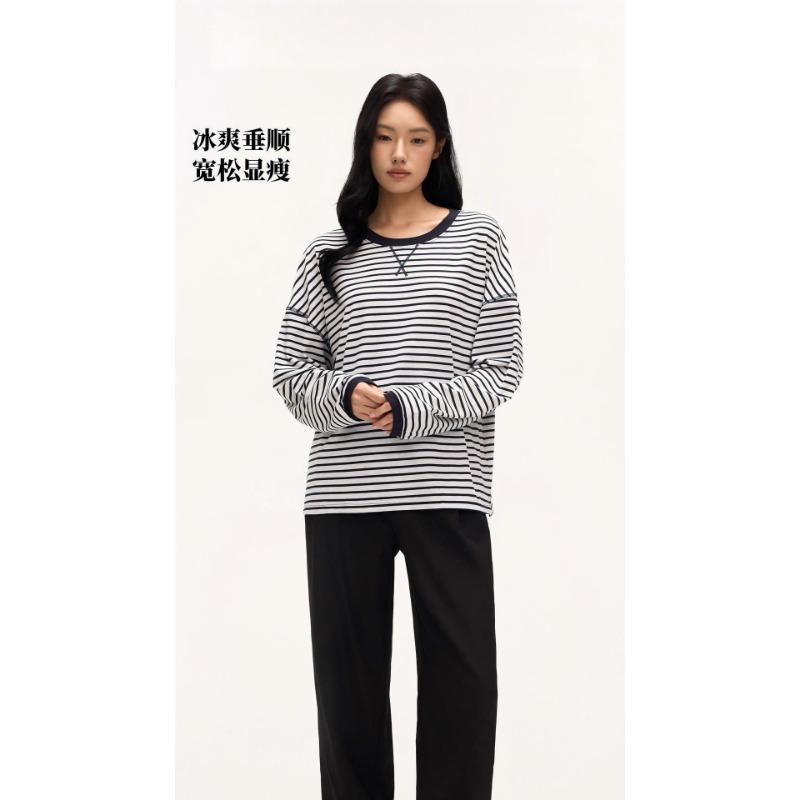Women S Loose Fit Striped Long Sleeve Round Neck T Shirt Inner Wear