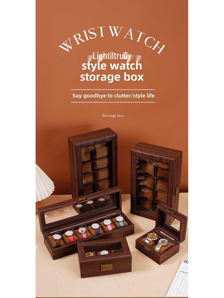 Exquisite Vintage Wood Grain Leather Watch Box with Dustproof Glass Lid for Wristwatch Display and Storage.