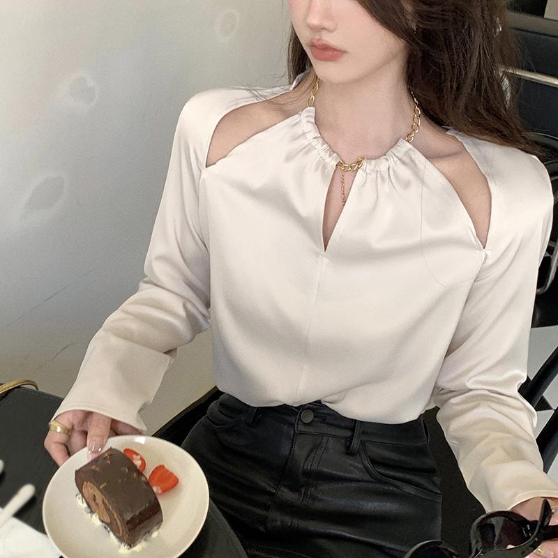 Атласные блузки с длинными рукавами для женщин, женские рубашки с открытой лямкой и круглым вырезом, однотонный пуловер, топ Blusas