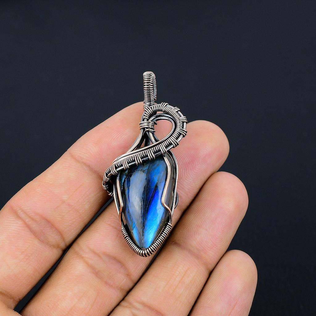 Labradorite Pendant, Handmade Gemstone 999 Copper Wire Wrapped Pendant Antique Jewelry, For Gift Silver Jewelry