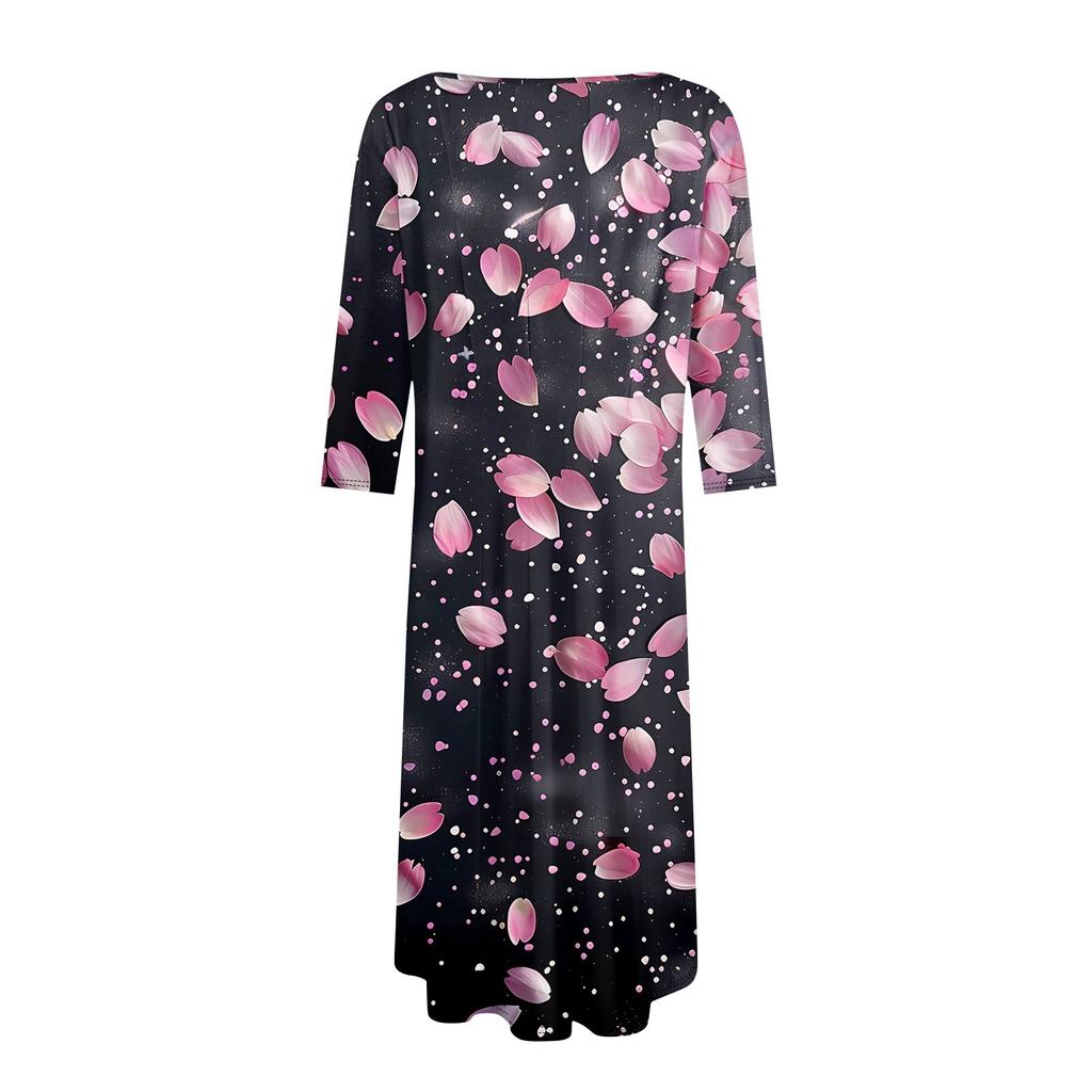 Women's Casual Fashion Round Neck Three Quarter Sleeve Print Midi Dress