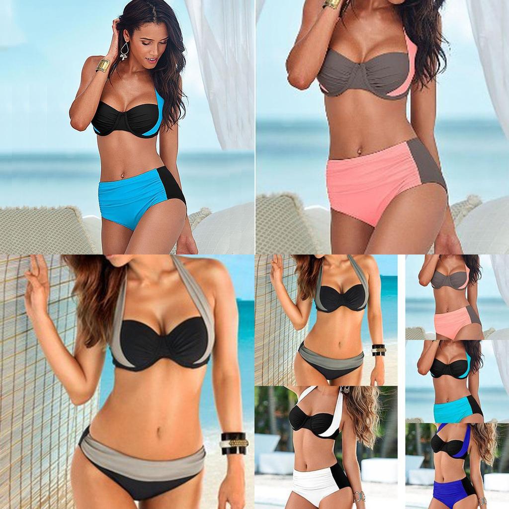 Bikini Women Set Contrast Block Halter Top High Waist Bottom Beach Swimwear