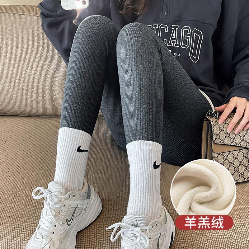 Threaded Leggings Autumn and Winter New Outer Wear Winter Velvet Thickened Vertical Striped Lamb Wool Long Johns Autumn and Winter High Waist