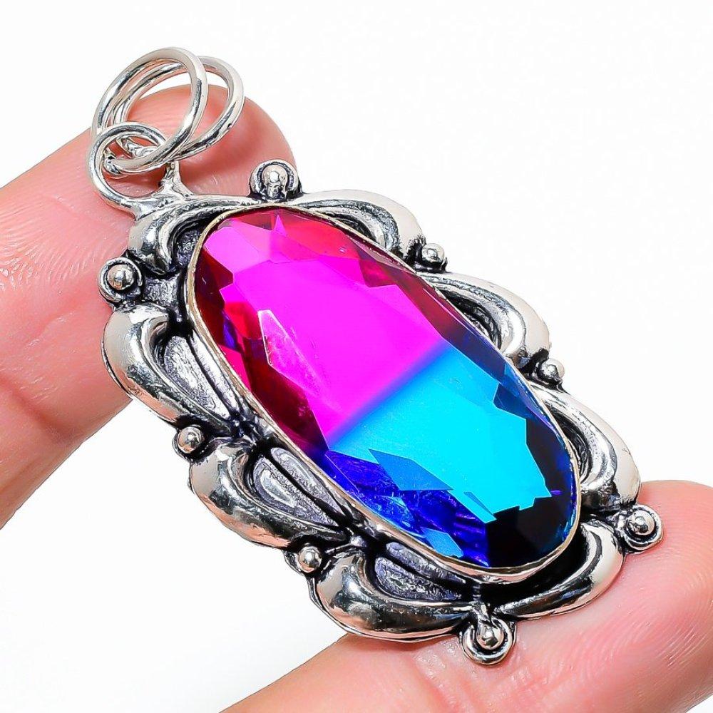 Natural Bi-Color Tourmaline Gemstone 925 Sterling Silver Pendant 2.36" W8l32