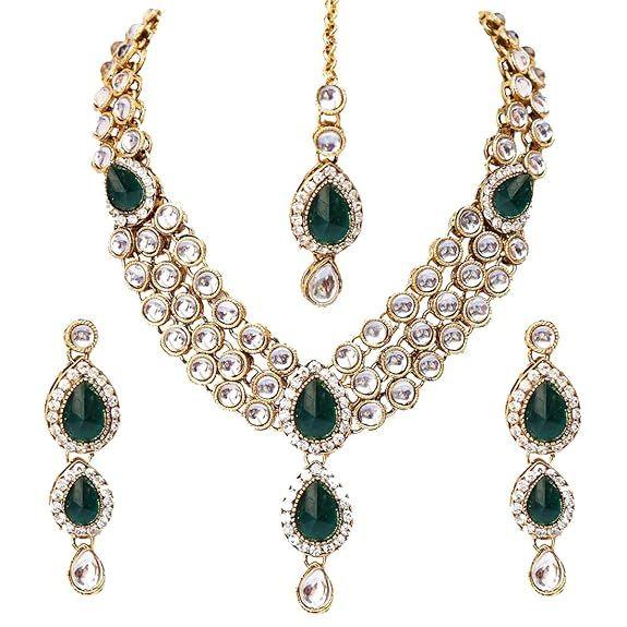 Latest Stylish 18k Gold Plated Traditional Kundan Necklace Jewellery Set for Women