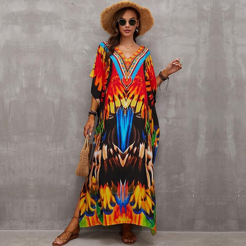 EDOLYNSA Свободный кафтан с богемным принтом, повседневное платье макси для летних каникул, женская одежда, пляжная одежда, купальный костюм, накидка Q1464