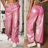 Rose Beauty A Women Casual Joggers Pink Holographic Flap Pocket Side Drawstring Waist Cargo Parachute Pants Loose Female Trousers