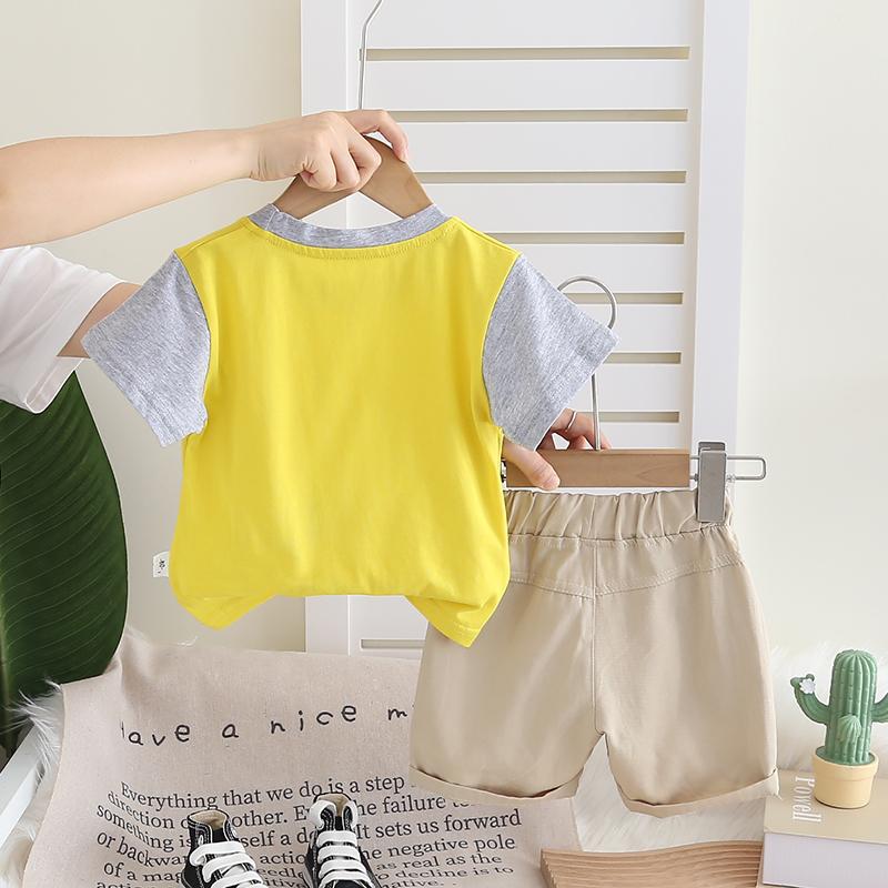 Комплект из 2 предметов из хлопка для мальчиков - Детский топ с круглым вырезом и мультяшным пингвином в стиле колор-блок + Повседневные шорты - Доступная цена Детская одежда -S-XXL