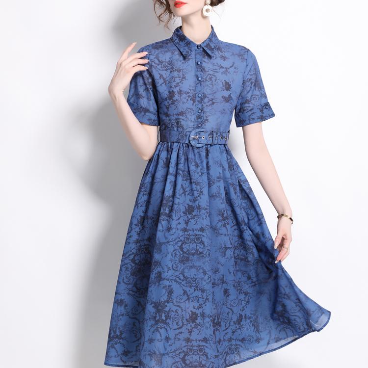 Винтажное платье с принтом, женское платье-рубашка трапециевидной формы с короткими рукавами и лацканами, женские элегантные летние длинные халаты трапециевидной формы, Vestidos