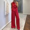 Women 2 Piece Satin Outfits Halter Neck Sleeveless Top And Wide Leg Pants Set Casual Vocation Lounge Set