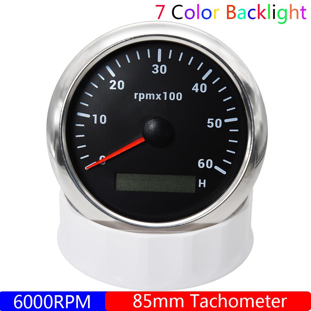 85MM Diesel Engine Tachometer 3000/4000/6000/8000 RPM Gauge REV Counter with Digital Hourmeter 7 Color Backlight 12V 24V