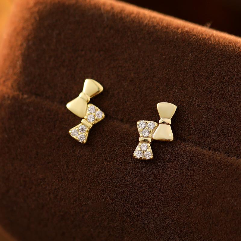 925 Sterling Silver Mini Cute Zircon Bow Earrings for Women Simple Exquisite Student Ear Accessories