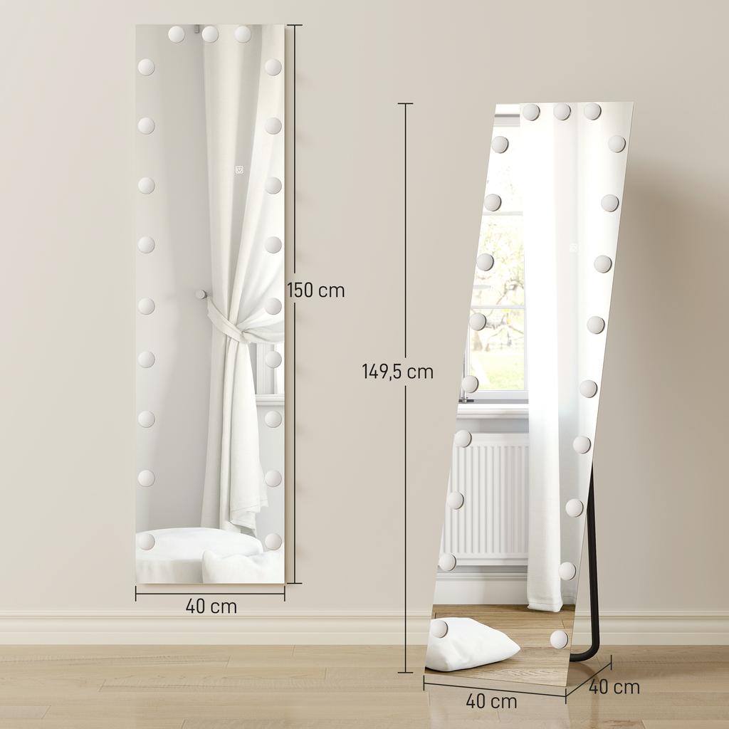 Full-Length Mirror 150x40 cm RGB LED Standing Mirror with 21 Bulbs, 7 Light Colors, Touch Switch, Memory Function