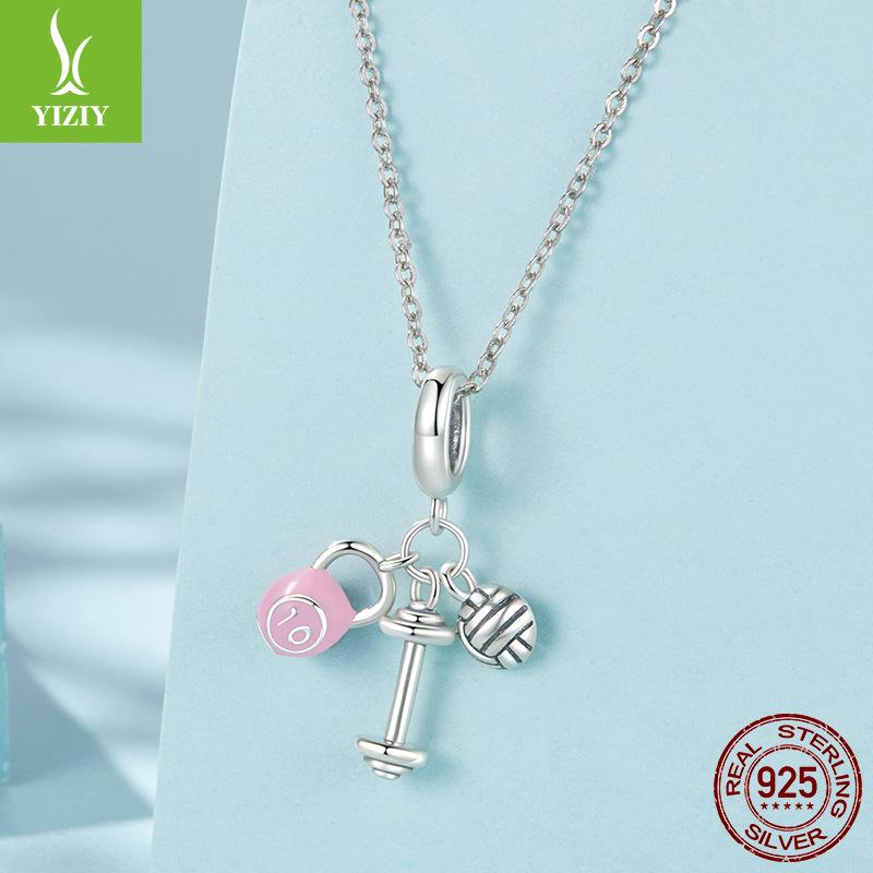 Розовый гиревой волейбол гантель кулон аксессуары милый спортивный ветер серебро 925 пробы с бусинами