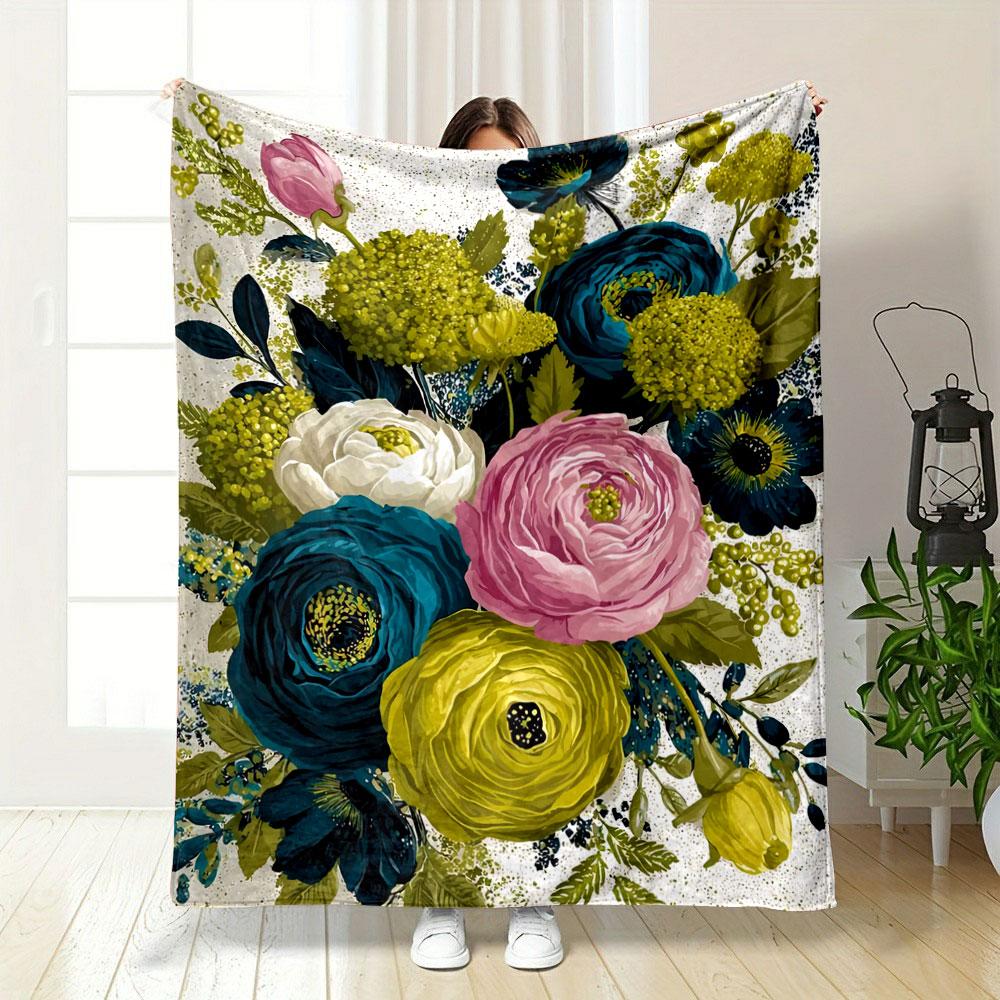 Timeless Teal Pink Ranunculus Floral Bouquet Multicolor Fleece Blanket, Classic Fleece Blanket for Warmth and Style