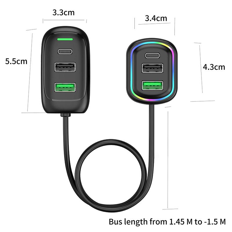 6-портовый USB Type-C передний и задний удлинитель автомобильное зарядное устройство с RGB подсветкой PD быстрая зарядка адаптер питания для iPhone планшет ноутбук