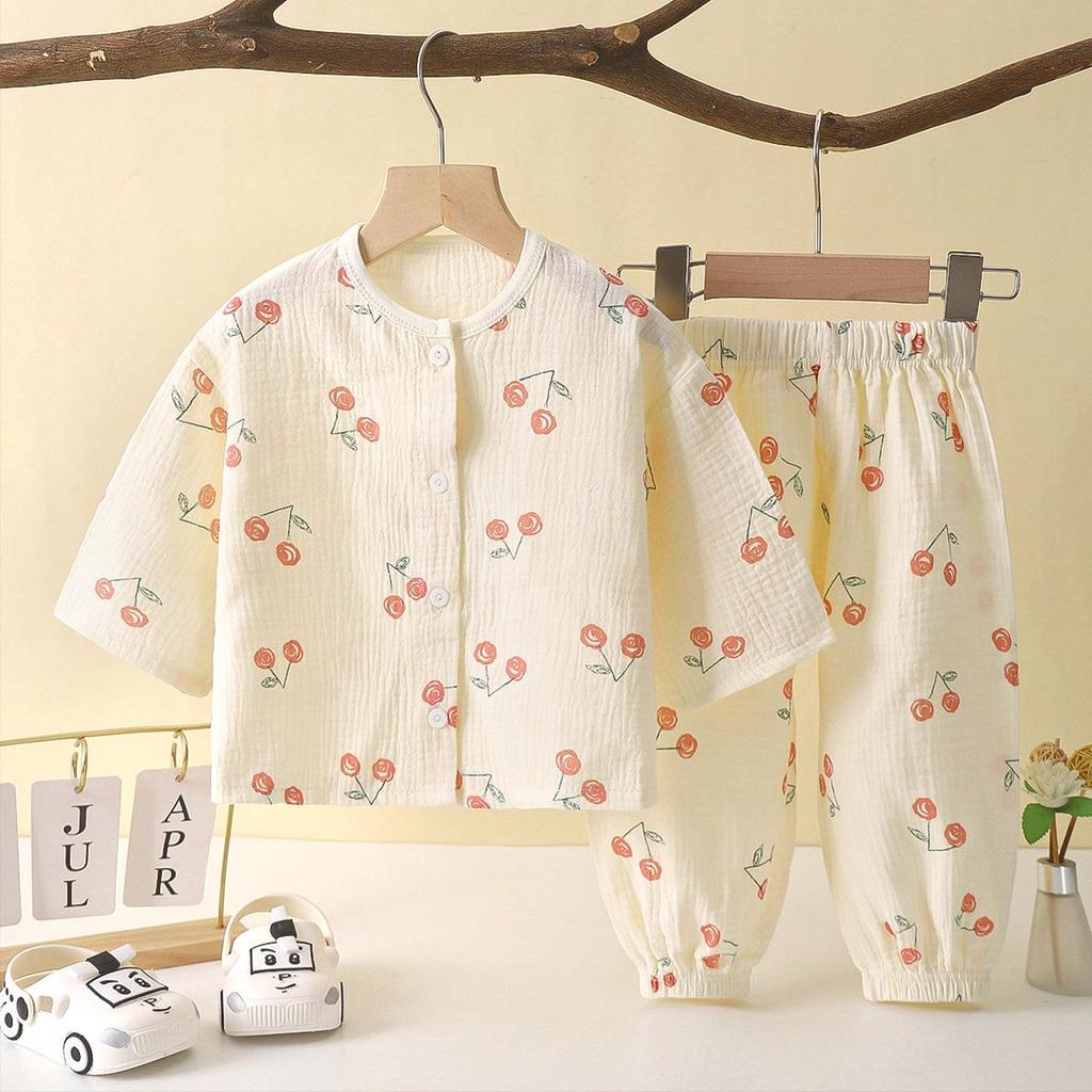 Children's Cotton Gauze Pajamas Set - Summer Long-Sleeve with Lantern Pants