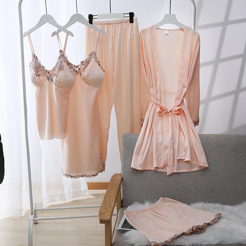 Pajamas women's summer ice silk thin sexy lace suspender nightgown spring and autumn nightgown five-piece silk loungewear