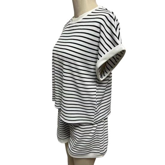 Женский комплект из 2 предметов для отдыха, полосатая рубашка с коротким рукавом и шорты, летний повседневный ребристый спортивный костюм, подходящий комплект