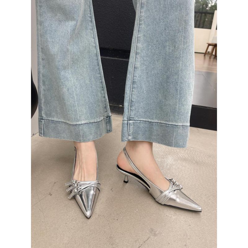 Fashion Belt Buckle Pointed Sandals Ol Tongle Silver Bag Head Rear Strap Patent Leather Women'S Shoes