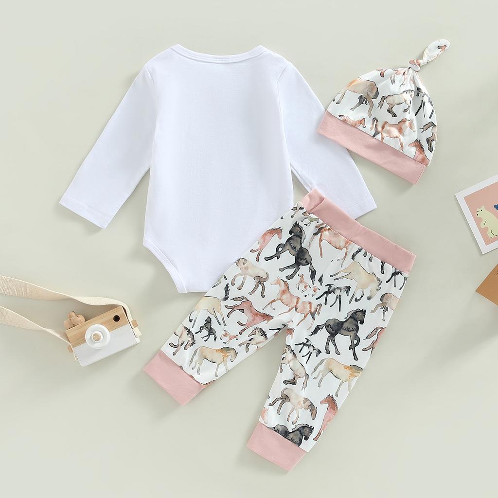 Infant Girl Autumn Jumpsuit Set, Long Sleeve Round Neck Letter Print Romper + Horse Pattern Pants + Hat