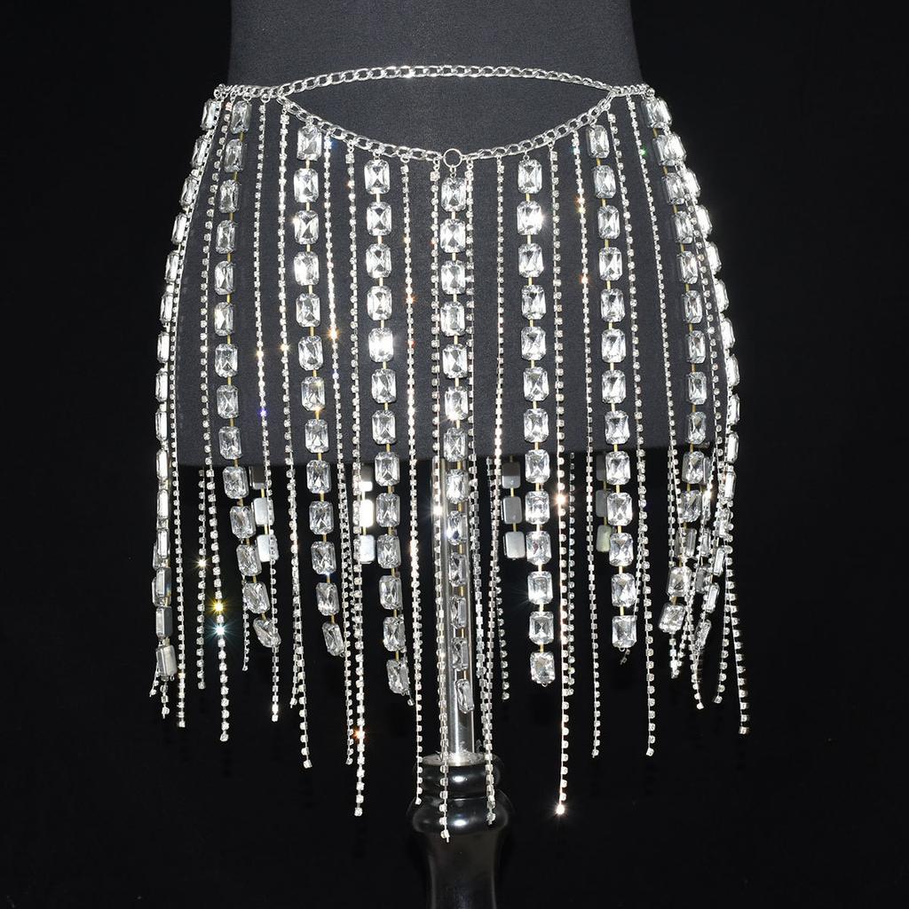 Female Rhinestone Body Chain Silver Crystal Waist Belt Dance Skirt Silver Tassel Belly Chain Women