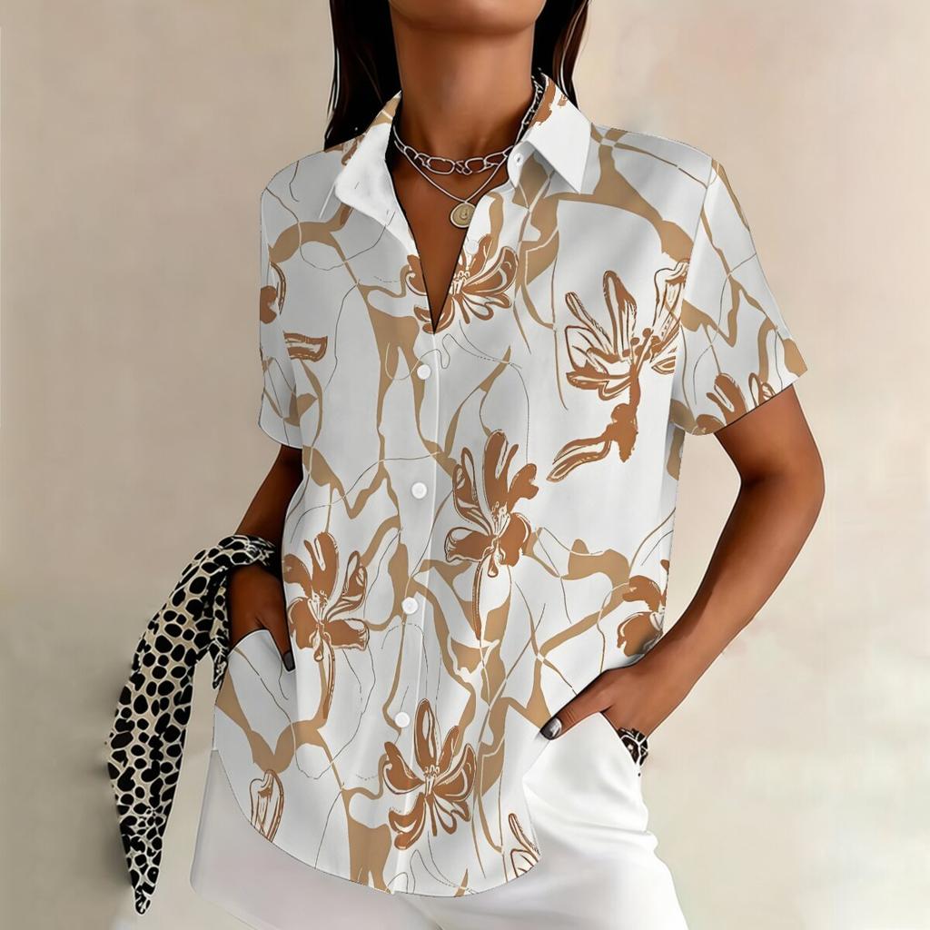 Plus-size women's printed short-sleeved shirt, casual, stylish and versatile, summer women's clothing
