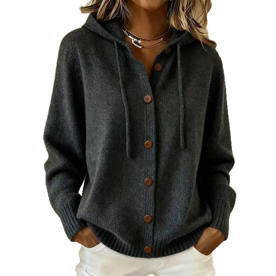 2026 Women's Button Knit Hooded Cardigan - Casual Solid Color Jacket for Autumn & Winter