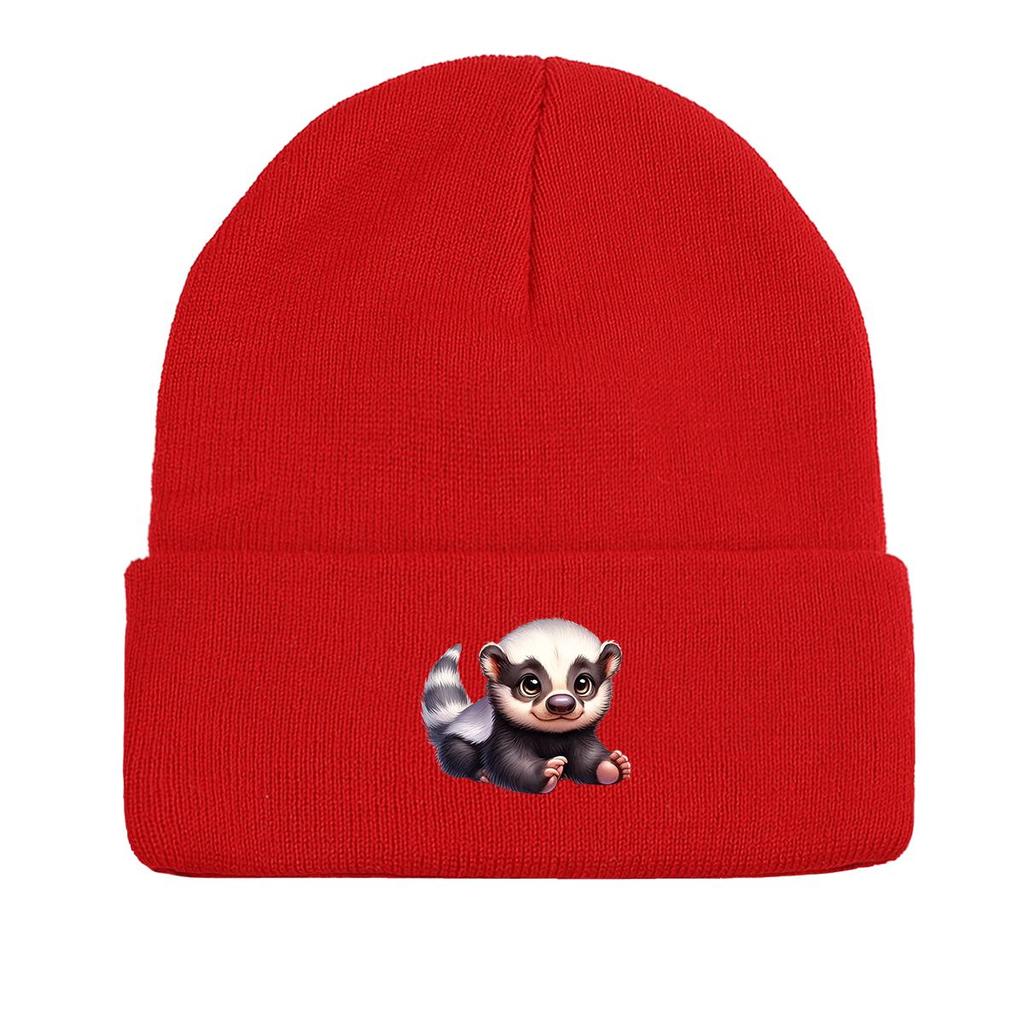 White Head Badger Print Knitted Cap Beanie, Animal Skull Cap Cuff Fit Stylish Bobble Hat Knit Hat Beanie