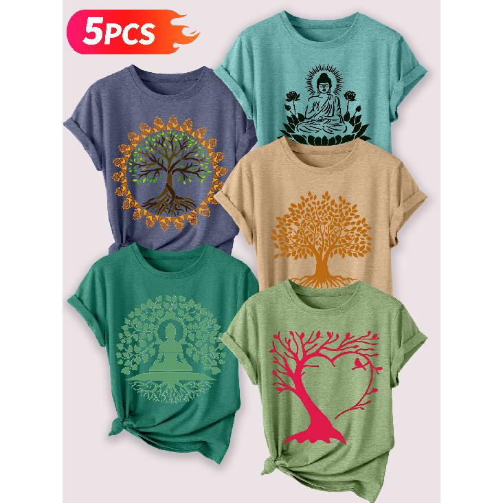 Zen-inspired Tree of Life Lotus Meditation Artistic Print Five-piece set of women's short-sleeve tops Elegant Summer Party Outfits Essential fashion