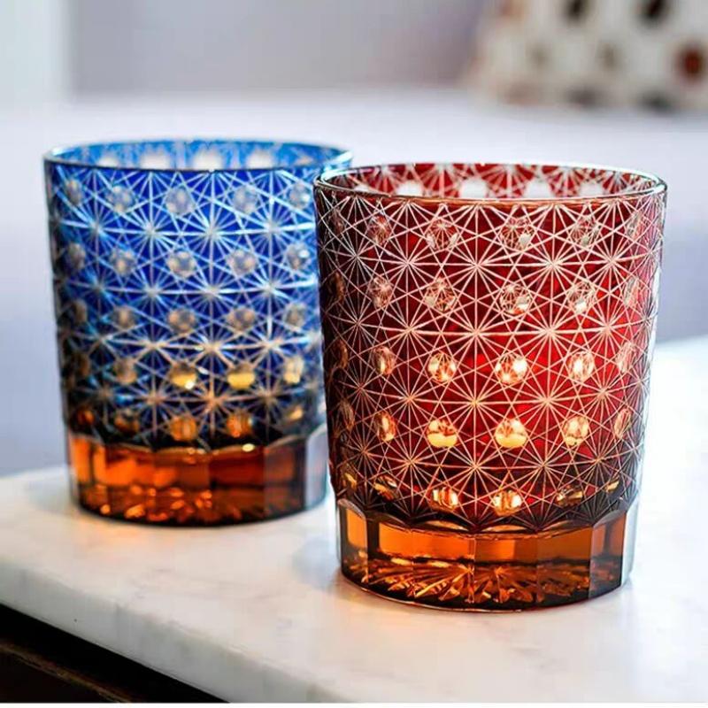 Handmade Japanese Style Edo Kiriko Whiskey Glass Tumbler Colored Hand Cut To Clear Glasses Color Tinted Old Fashioned Glasses