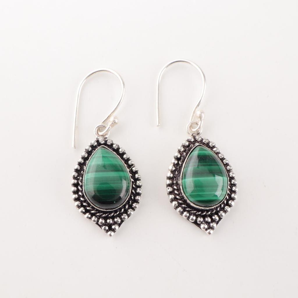 Malachite Gemstone 925 Sterling Silver Handmade Jewelry Earrings 1.6" For Her EE-164-25