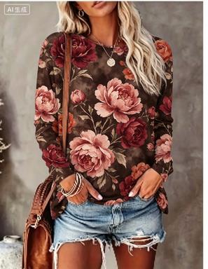 Women Long Sleeve T‑Shirt Blue Purple Poppy Watercolor Floral All‑Over Print Crew Neck Loose Casual Daily Tops