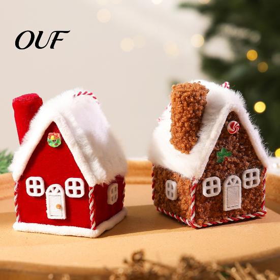 Tiered Tray Display Figurine Plush Christmas House Hanging Ornament, Fabric Gingerbread Cabin Pendant with Red And White Keepsake Rope, Xmas Tree for