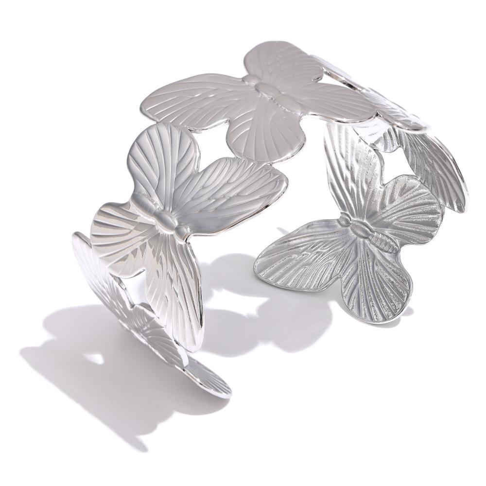Yhpup Popular Stainless Steel Metal Butterfly Wide Cuff Open Adjustable Bracelet Bangle Tarnish Resistant Charm Jewelry