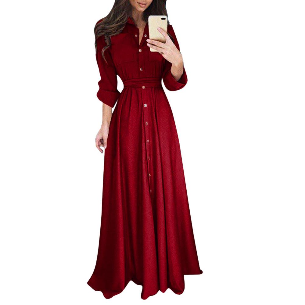 Womens Lady Casual Fashion Long Sleeve Lapel Maxi Long Dress Solid Shirt Dress